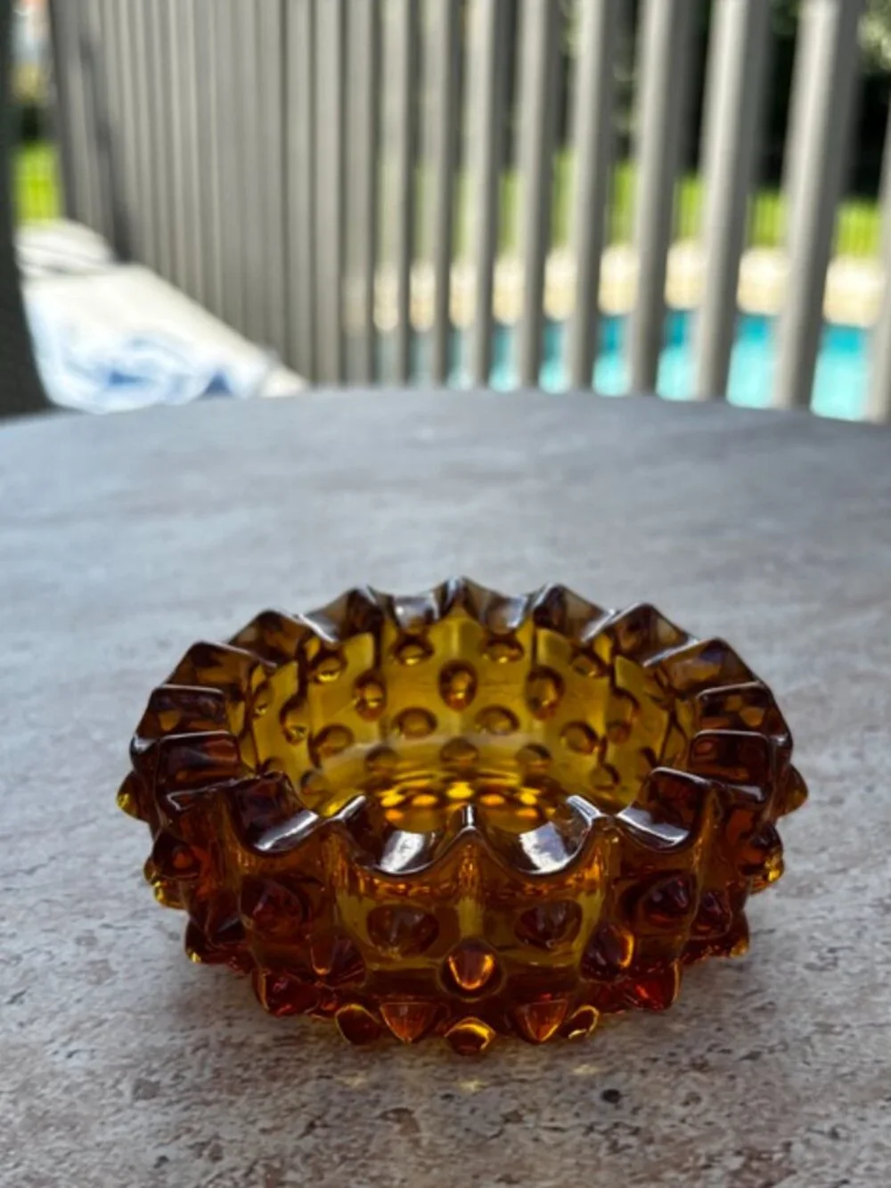 Vintage Amber Hobnail Glass Ashtray, Dish, Candle Scalloped Rim